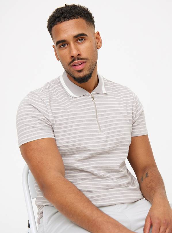 Grey Stripe Textured Zip Polo Shirt XL