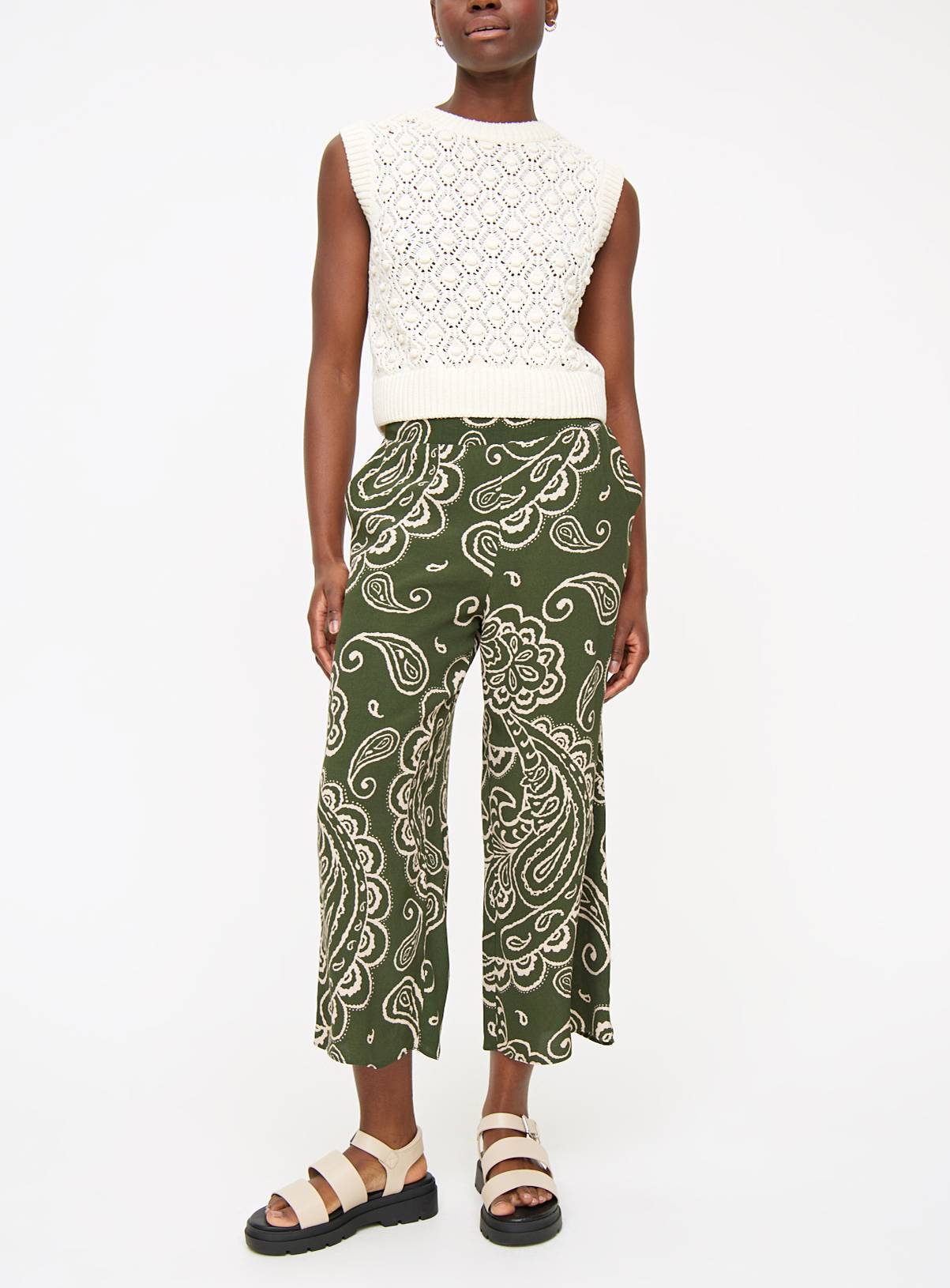 Khaki Paisley Print Wide Leg Cropped Trousers  24 - Image 1