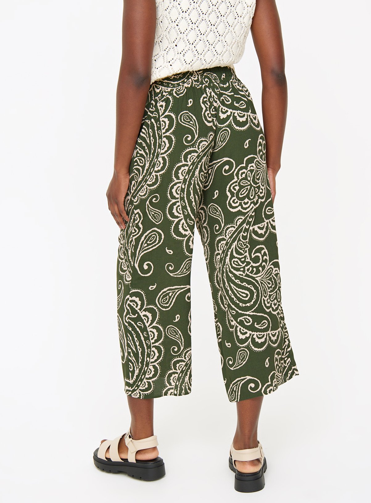 Khaki Paisley Print Wide Leg Cropped Trousers  24 - Image 4 thumbnail