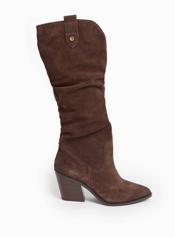 Brown Suede Ruched Long Length Heeled Boots 3