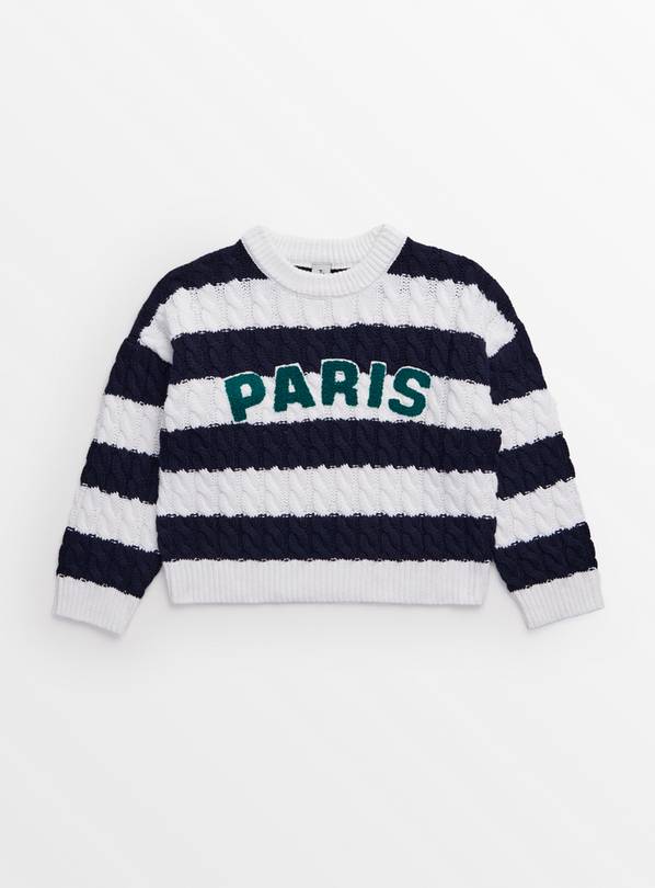 Navy Stripe Paris Slogan Knitted Jumper  14 years
