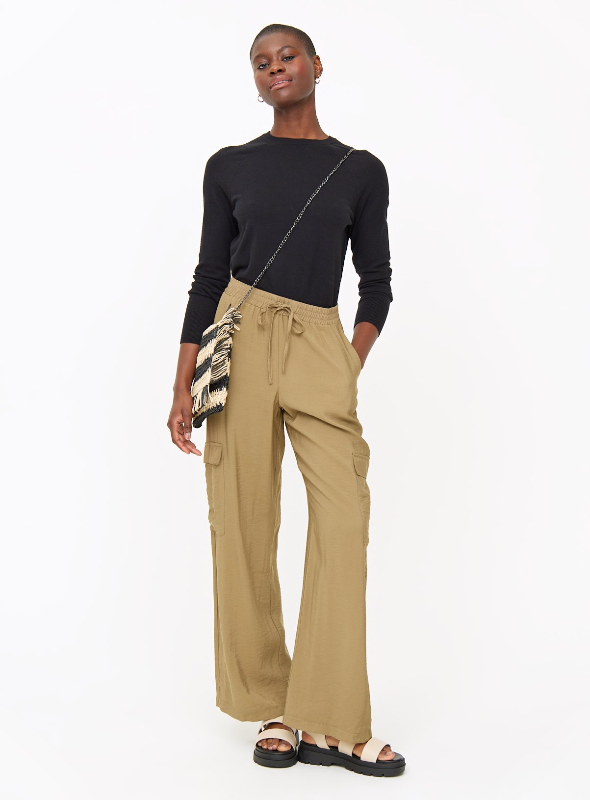 Khaki Viscose Blend Wide Leg Cargo Trousers 8 - Image 2 thumbnail