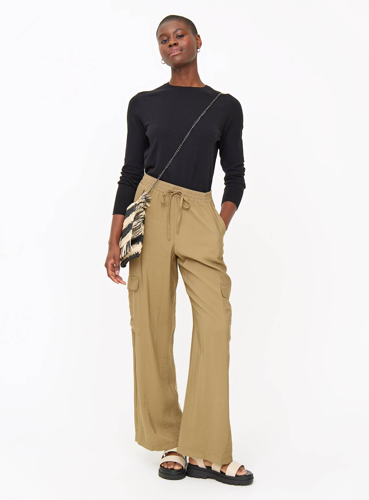 Khaki Viscose Blend Wide Leg Cargo Trousers 8 - Image 2
