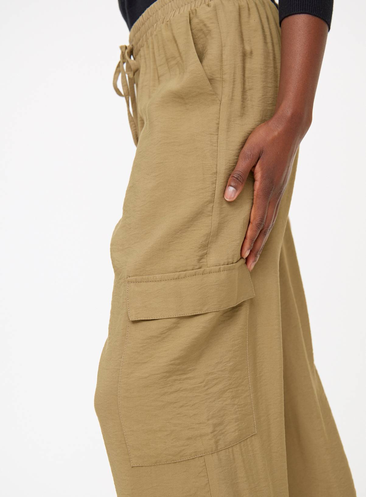 Khaki Viscose Blend Wide Leg Cargo Trousers 8 - Image 3