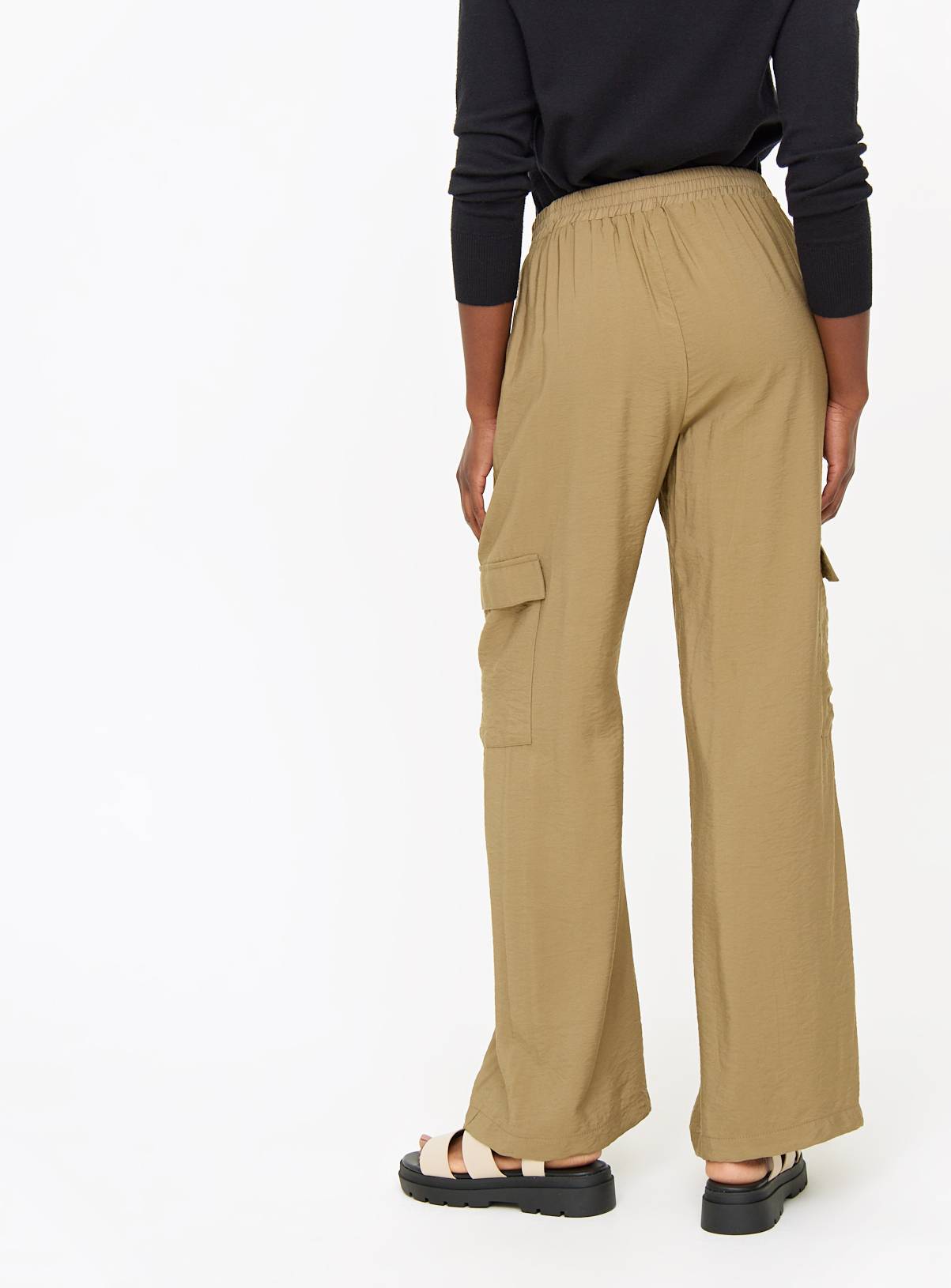Khaki Viscose Blend Wide Leg Cargo Trousers 8 - Image 4