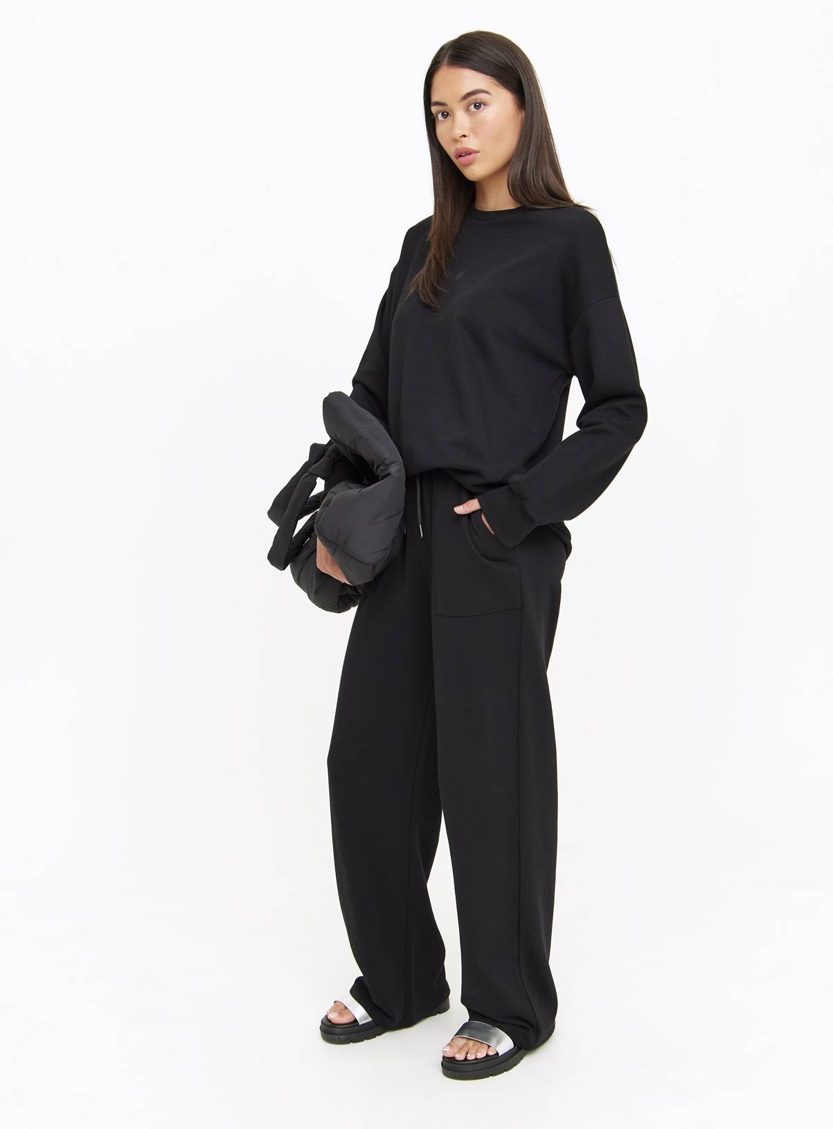 Black Wide Leg Coord Joggers L - Image 2