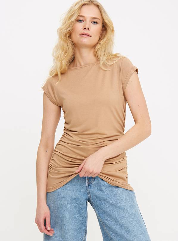 Tan Ruched Side Short Sleeve Top 24