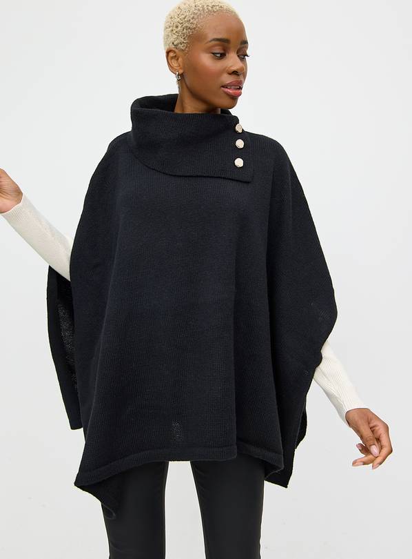 Black Roll Neck Statement Button Detail Cape  One Size