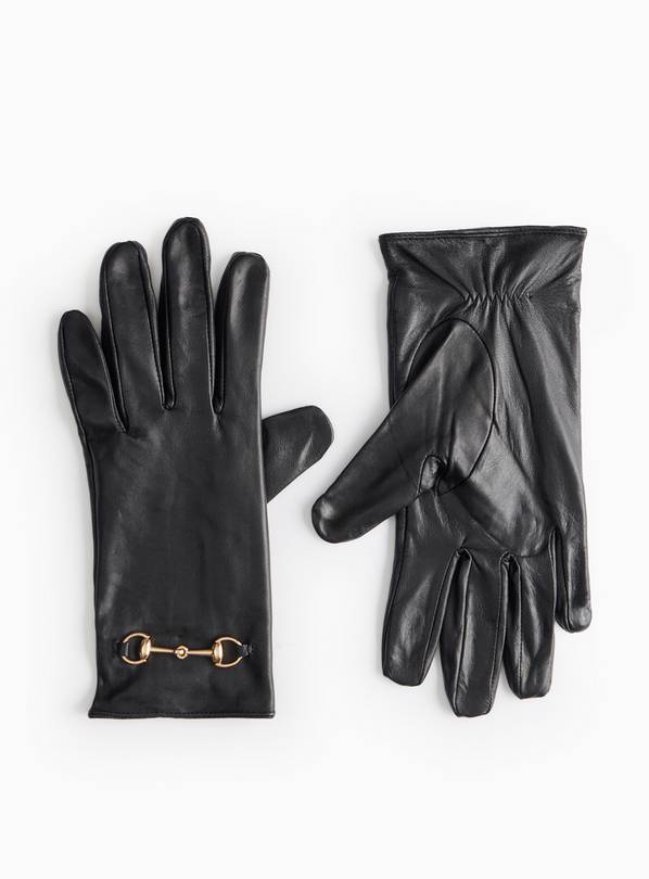 Black Leather Buckle Detail Gloves L