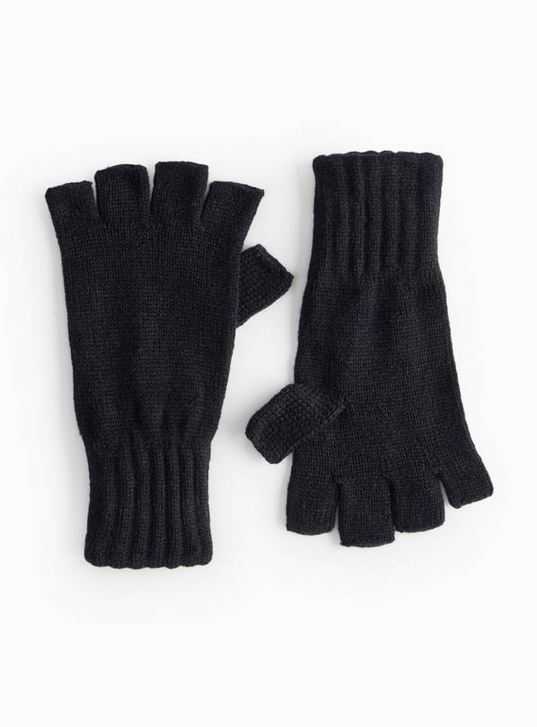 Plain Black Knitted Fingerless Gloves  S/M