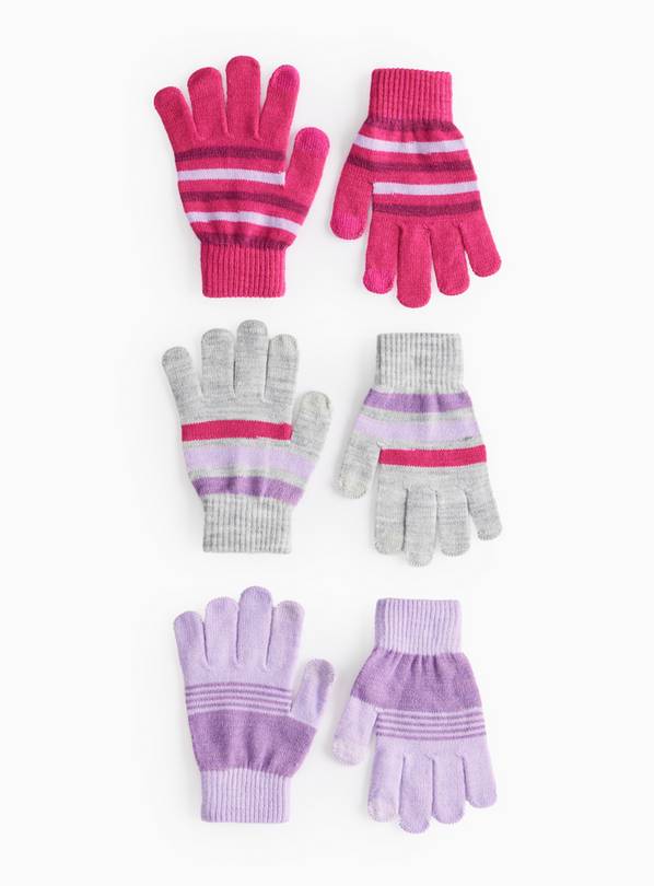 Pink Stripe Print Magic Touchscreen Gloves 3 Pack One Size