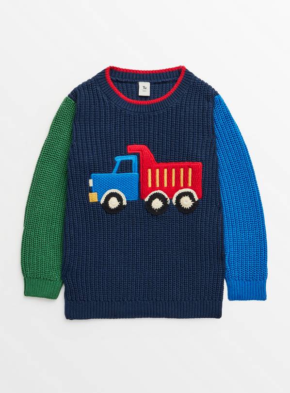 Navy Colour Block Truck Design Knitted Jumper 1-2 years