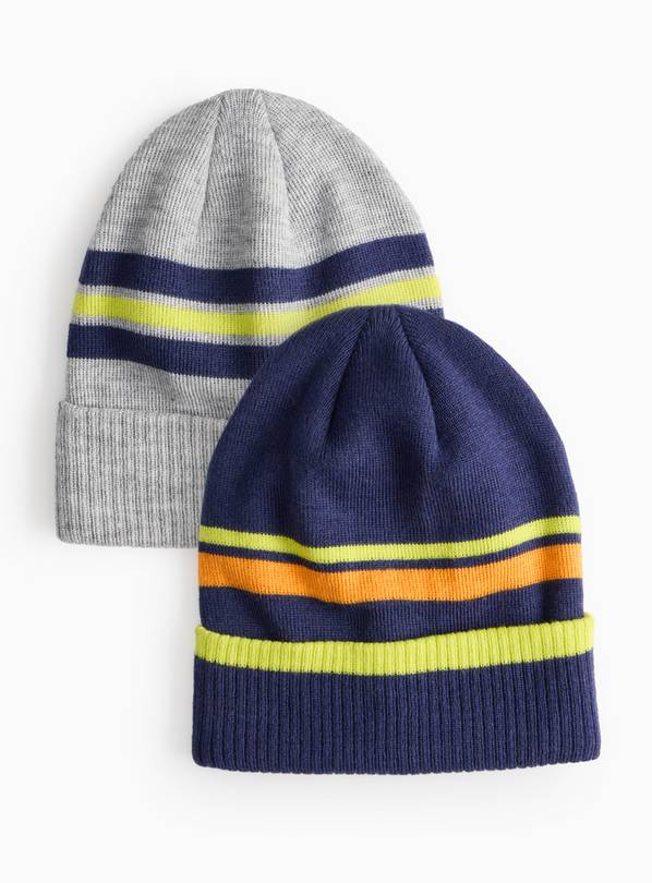 Grey & Navy Blue Stripe Beanie Hats 2 Pack 3-5 years