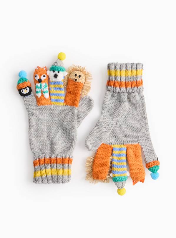 Animal Grey Knitted Finger Puppet Gloves  6-9 years