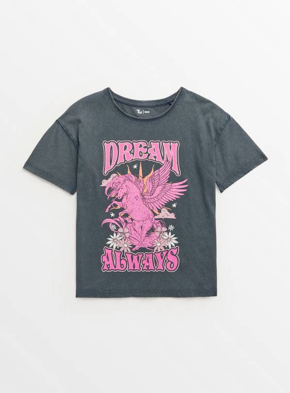 Unicorn Print Black Washed Relaxed Fit T-Shirt 5 years