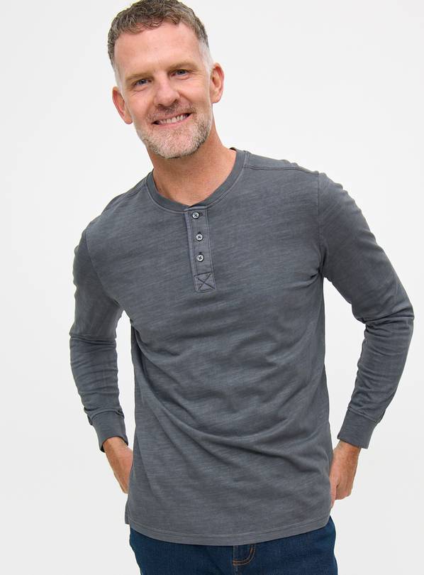 Charcoal Grey Garment Dye Henley T-Shirt L