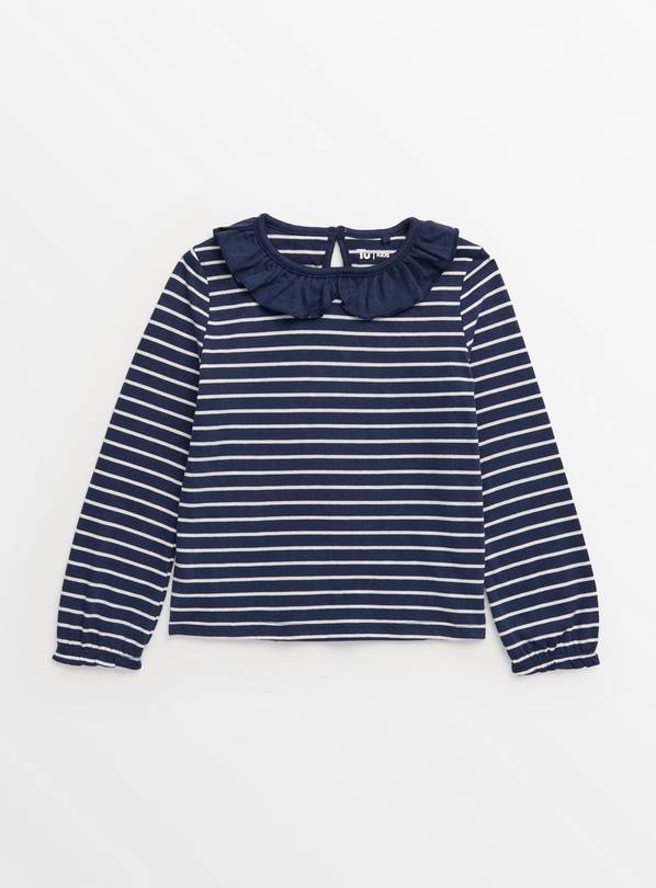 Navy Stripe Frill Collar Long Sleeve Top 1-2 years