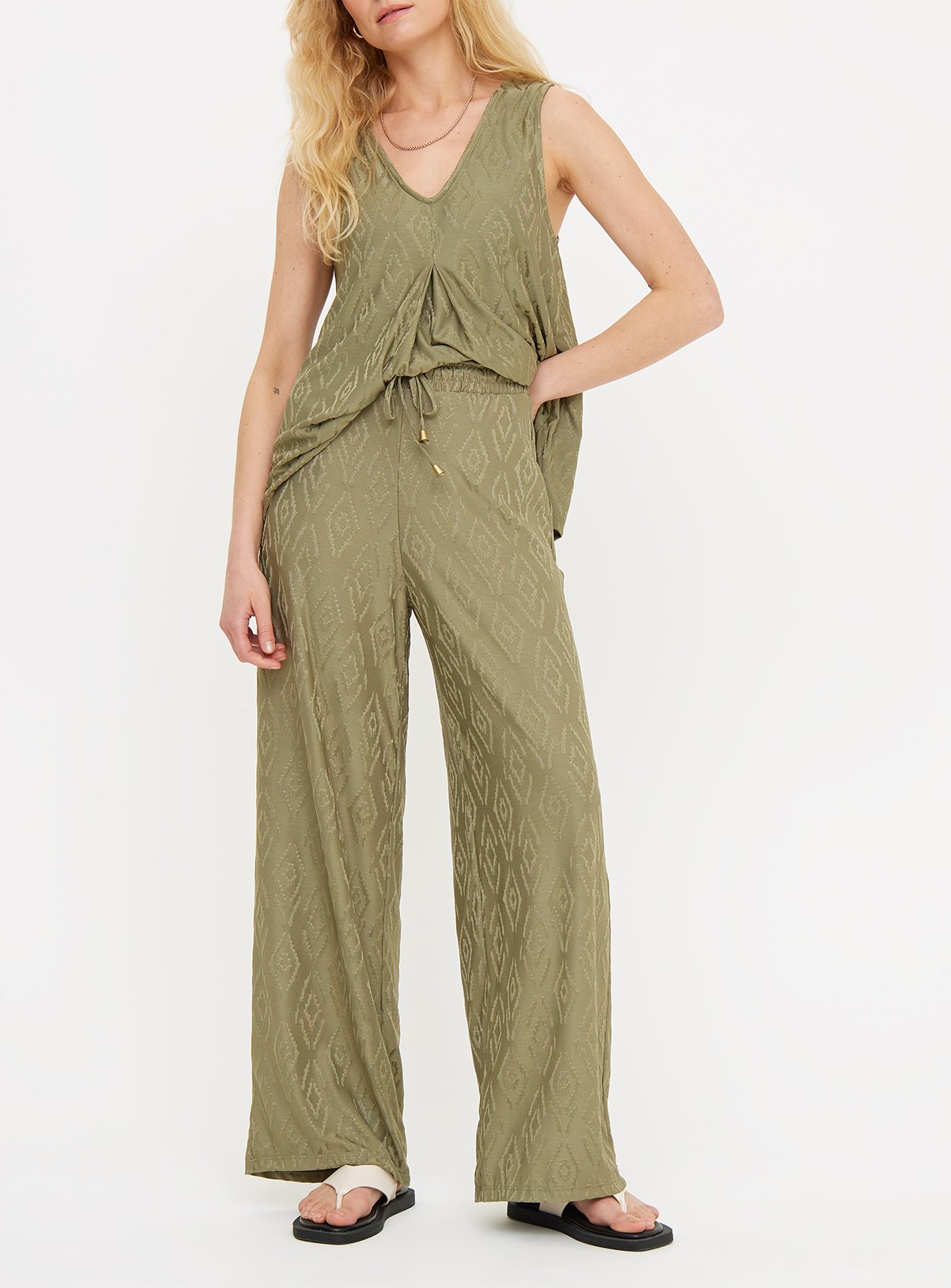 Khaki Jacquard Wide Leg Coord Trousers 16 - Image 1 thumbnail