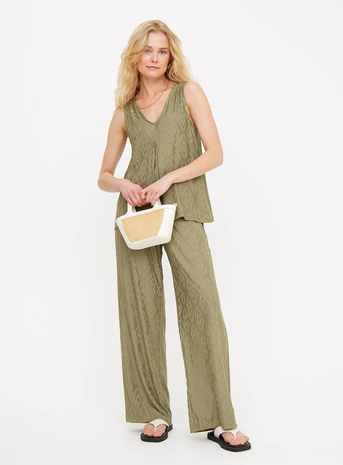 Khaki Jacquard Wide Leg Coord Trousers 16 - Image 2