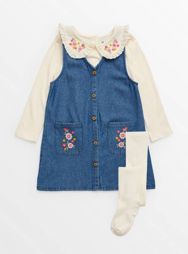 Cream Long Sleeve Top, Tights & Denim Pinafore Dress Set  3-4 years