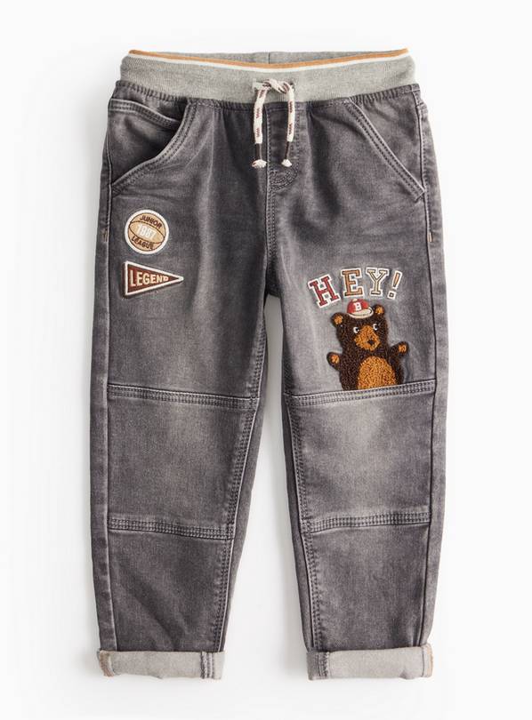 Bear Applique Jersey Waistband Grey Jeans  1-2 years