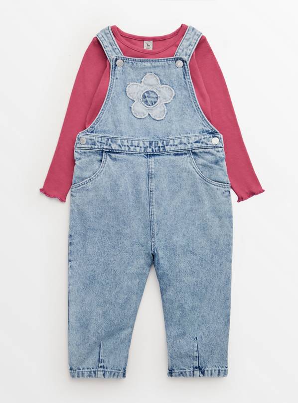 Pink T-Shirt & Floral Applique Denim Dungarees Set 1-2 years