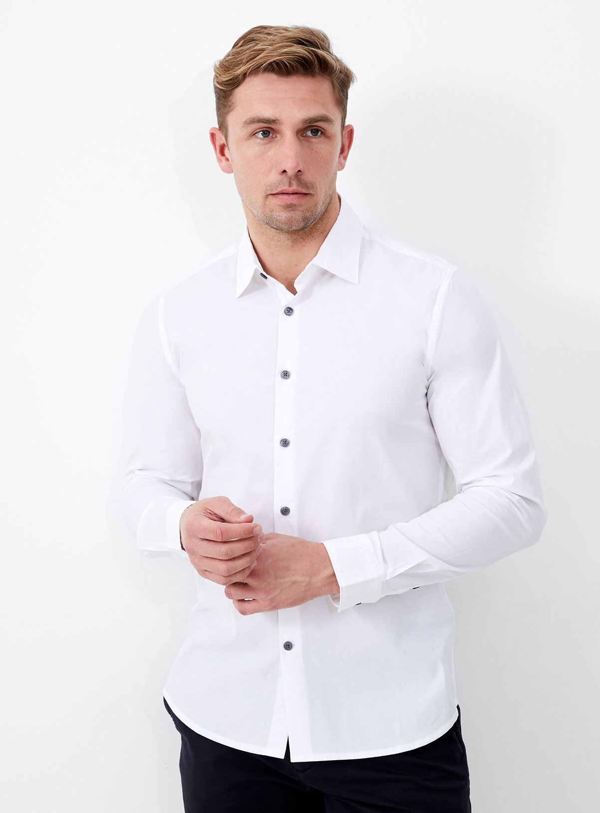 Men's White FRENCH CONNECTION Long Sleeve Stretch Poplin Shirt