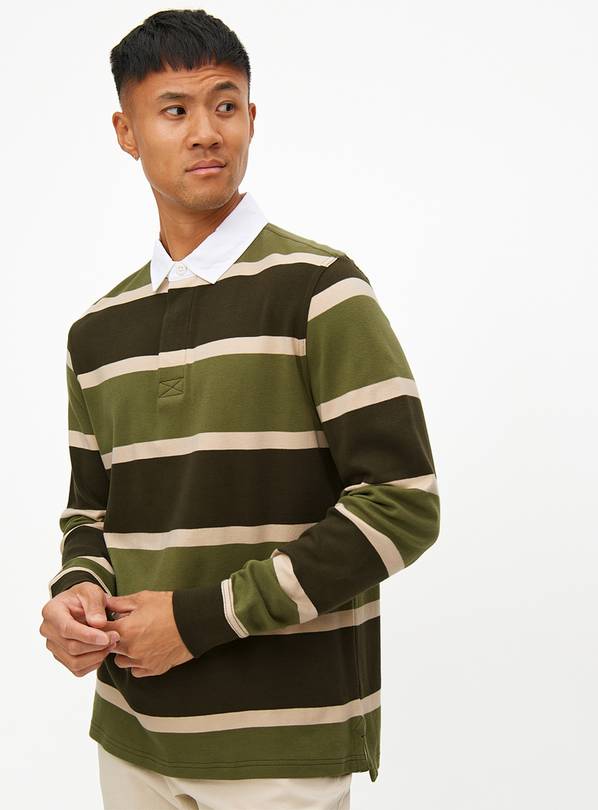 Khaki Stripe Rugby Polo Shirt L