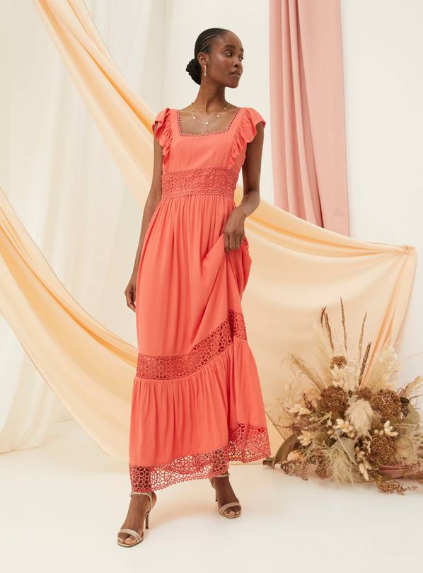 FATFACE Hibiscus Lace Maxi Dress Coral Pink 20