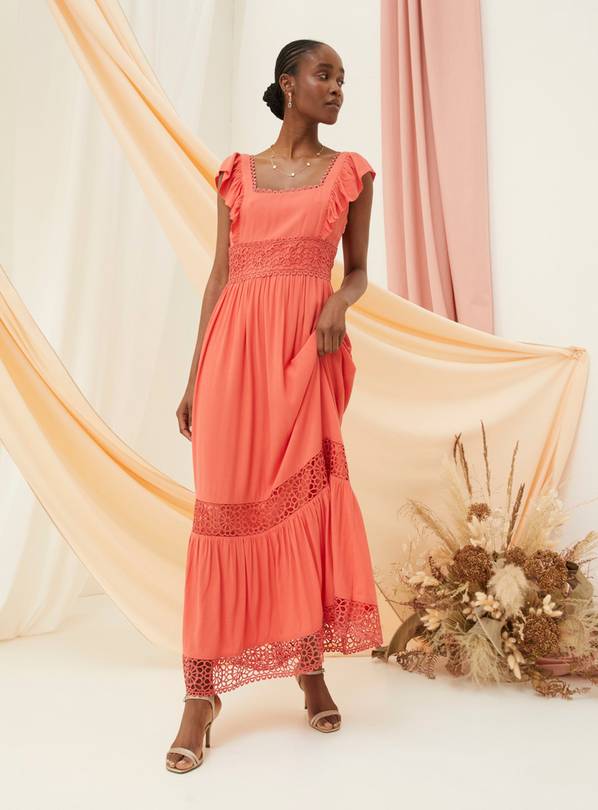 FATFACE Hibiscus Lace Maxi Dress Coral Pink 12