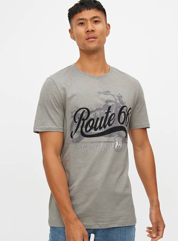 Grey Route 66 Print T-Shirt L