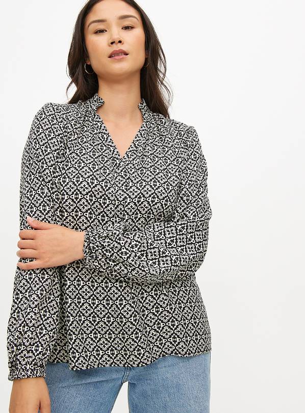 Monochrome Tile Print Long Sleeve Popover Blouse  12