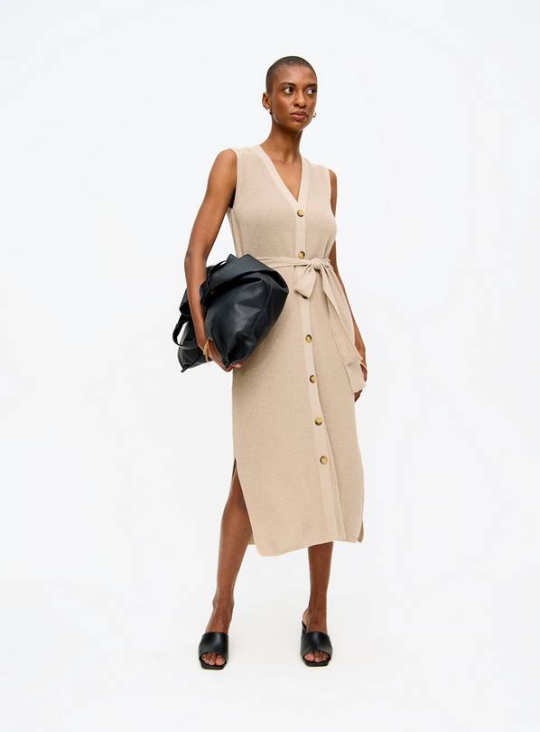 Neutral Button-Through Belted Knitted Dress 8