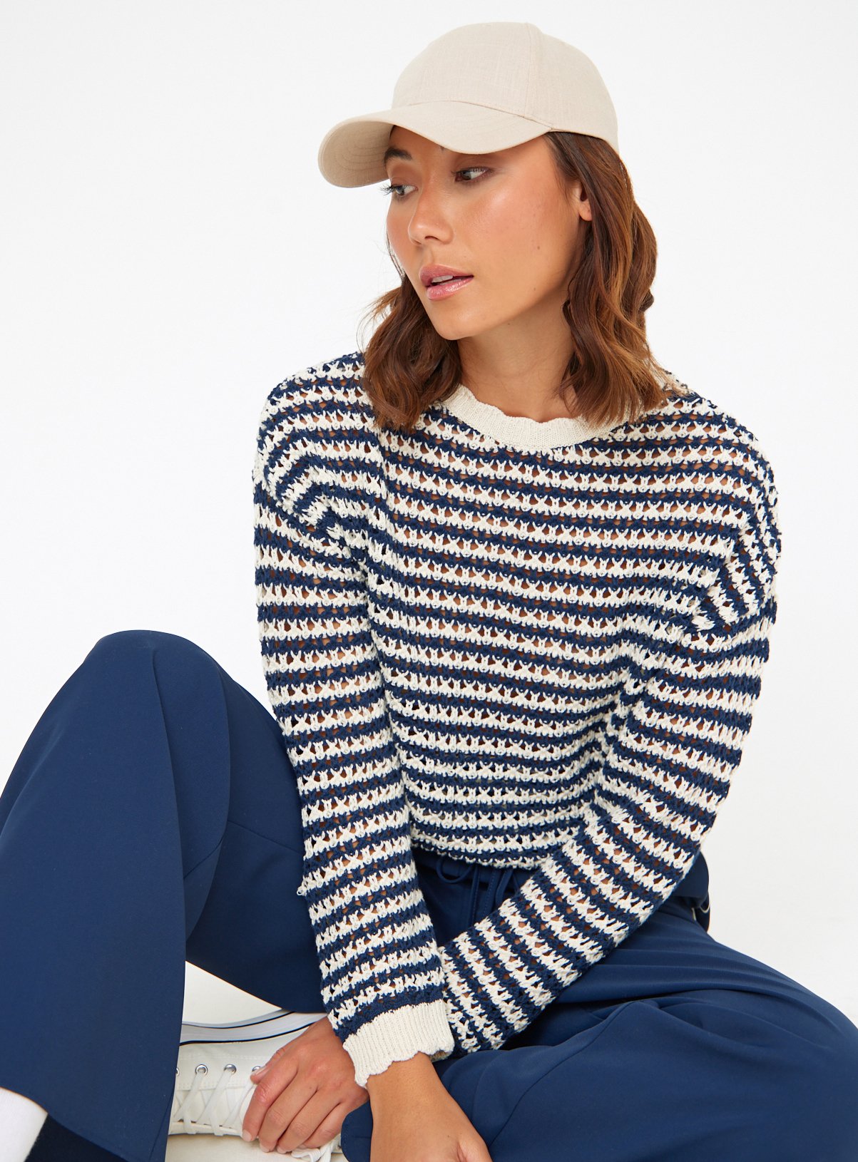 Navy Stripe Pointelle Jumper 8 - Image 1 thumbnail