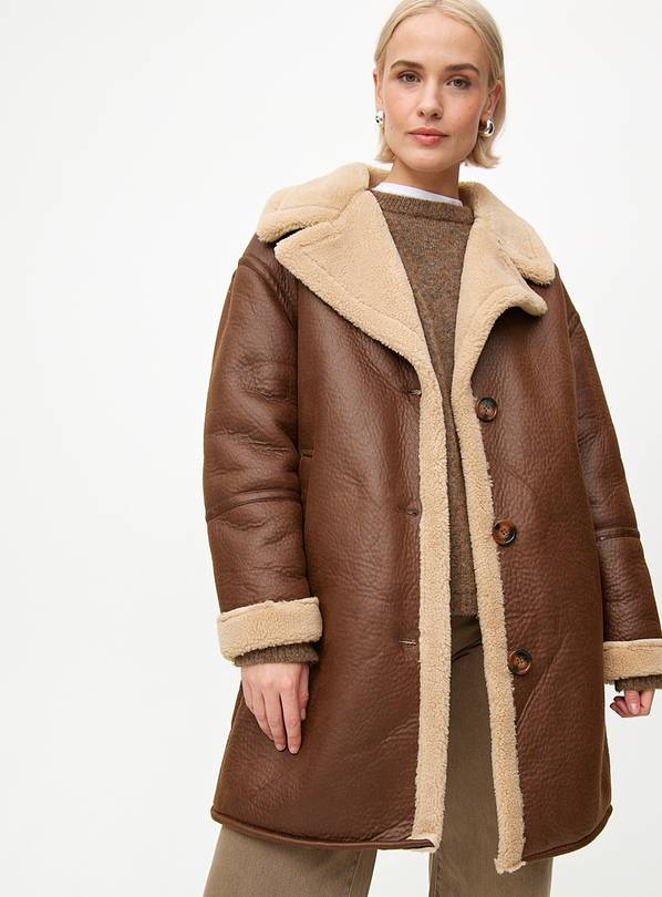 Brown Longline Faux Shearling Coat M