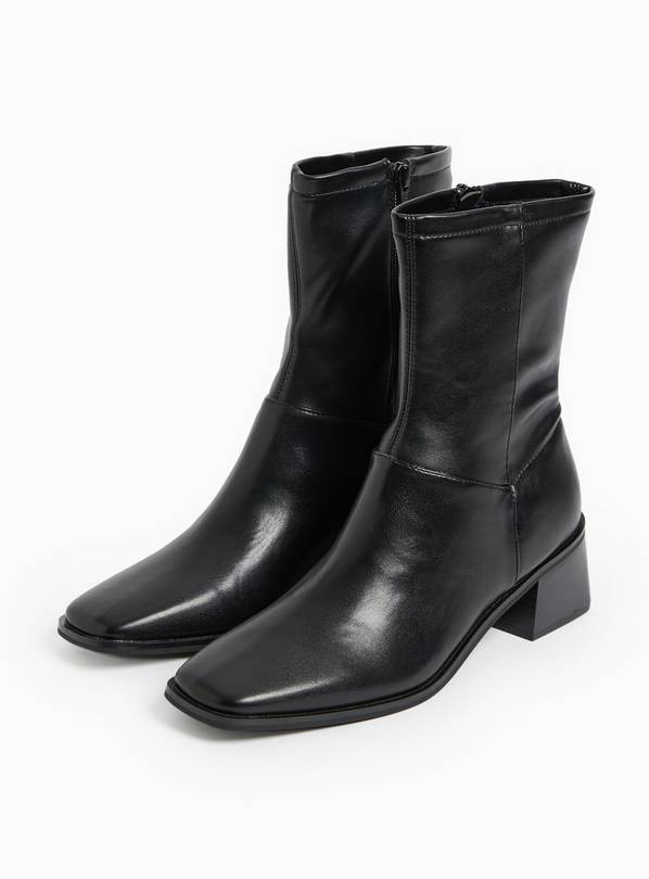 Black Faux Leather Square Toe Heeled Boots 7