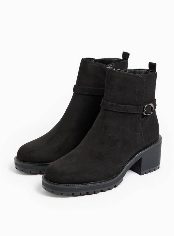 Black Suede Buckle Detail Block Heeled Boots  5