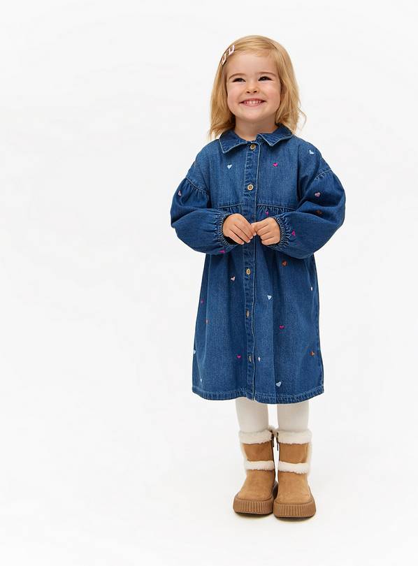 Dark Wash Heart Embroidered Denim Dress & Tights Set 4-5 years