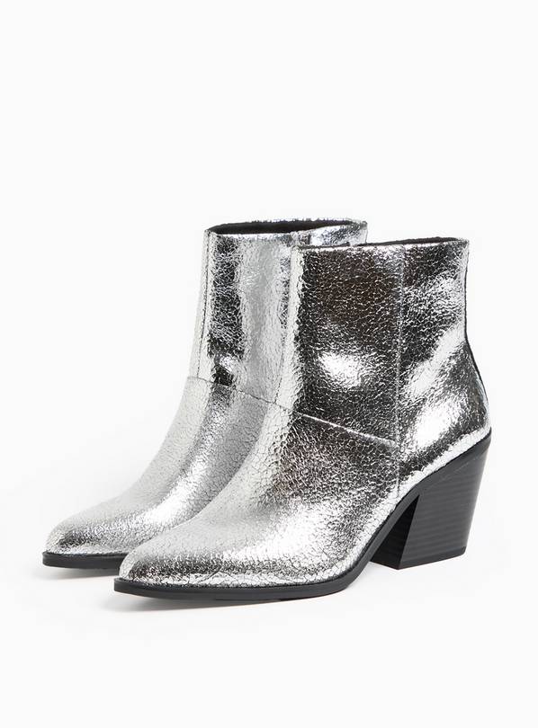 Silver Leather Western Ankle Boots 3