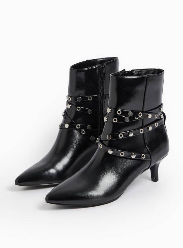 Black Faux Leather Studded Strap Heeled Boots 5