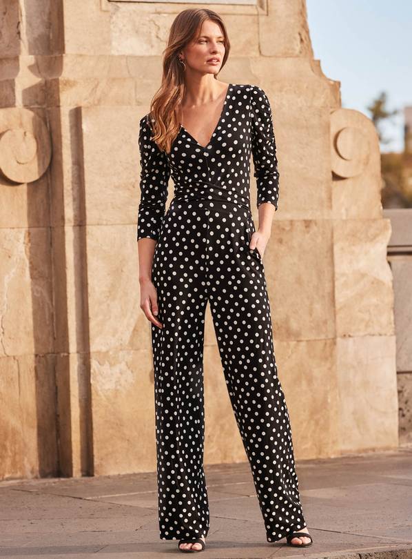 SOSANDAR Black White Spot V Neck Jumpsuit 10