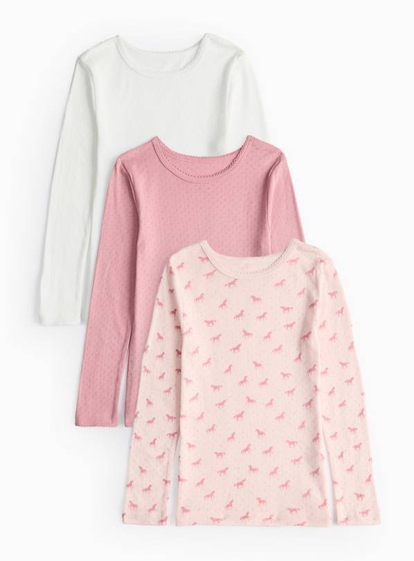 Pink Unicorn Print Pointelle Long Sleeve Thermal Tops 3 Pack 2-3 years