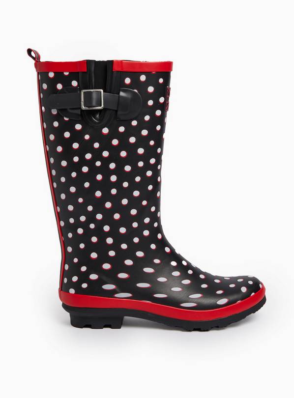 Black Spot Print Long Length Rubber Wellies 6