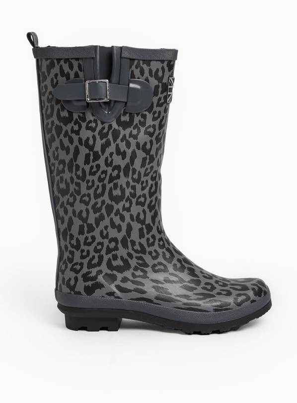 Grey Leopard Print Long Length Rubber Wellies 5