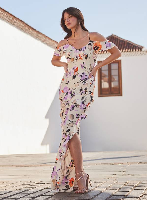 SOSANDAR Ivory Floral Cold Shoulder Ruffle Maxi Dress 10