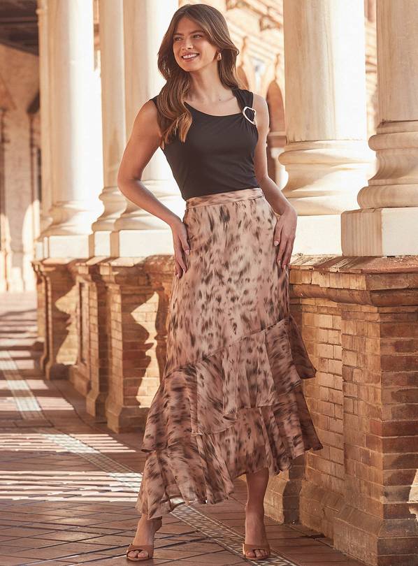 SOSANDAR Brown Animal Ruffle Maxi Skirt 16