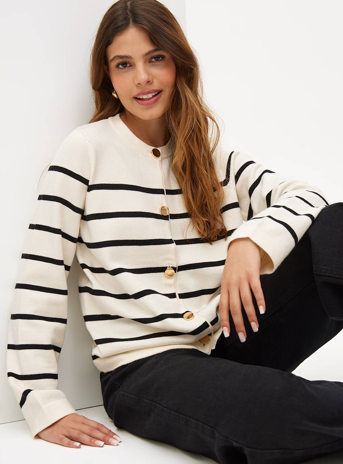 Cream Stripe Button Through Cardigan 8 - Image 1