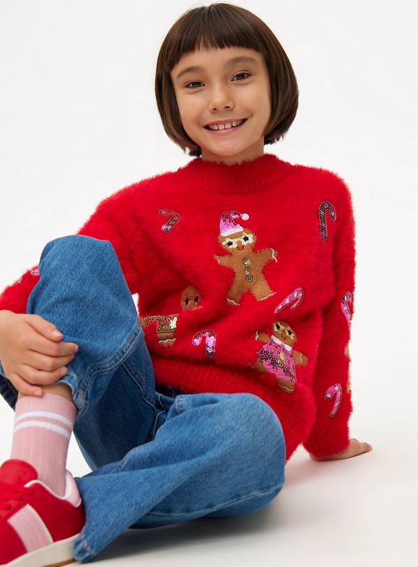 Red Christmas Gingerbread Sequin Fluffy Jumper 9 years