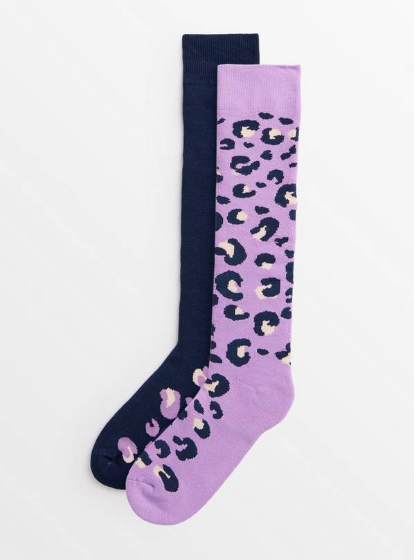 Lilac Leopard Print Welly Socks 2 Pack 4-8