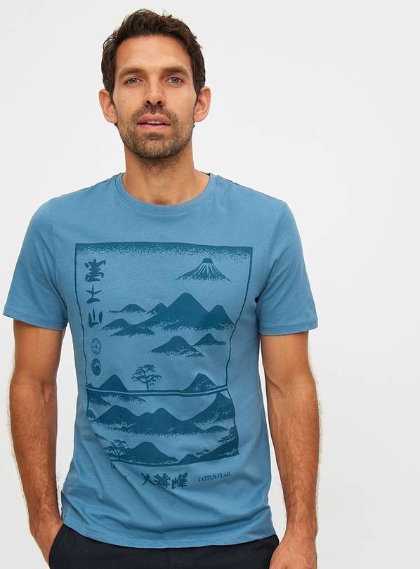 Blue Japanese Graphic Print T-Shirt L